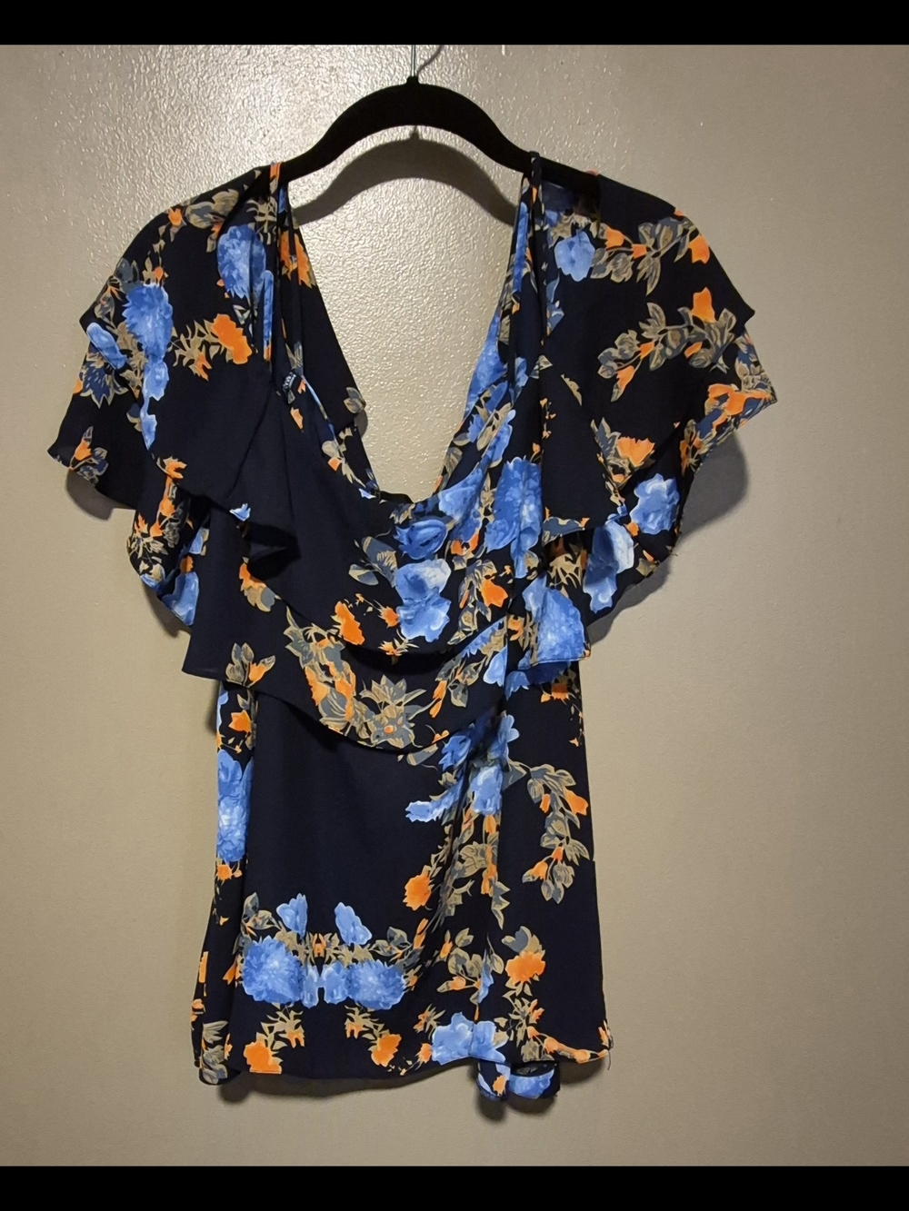 i Jeans By Buffalo Women's Waterfall Blouse, Navy Blue W/Floral Pattern, Size L